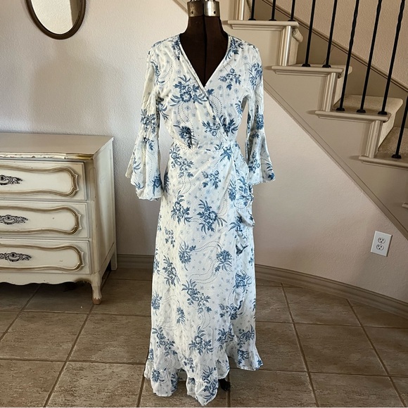 Anthropologie Dresses & Skirts - Talisman XS Carly Bluebell Woven Floral Print V-Neck Bell Sleeve Wrap Maxi Dress